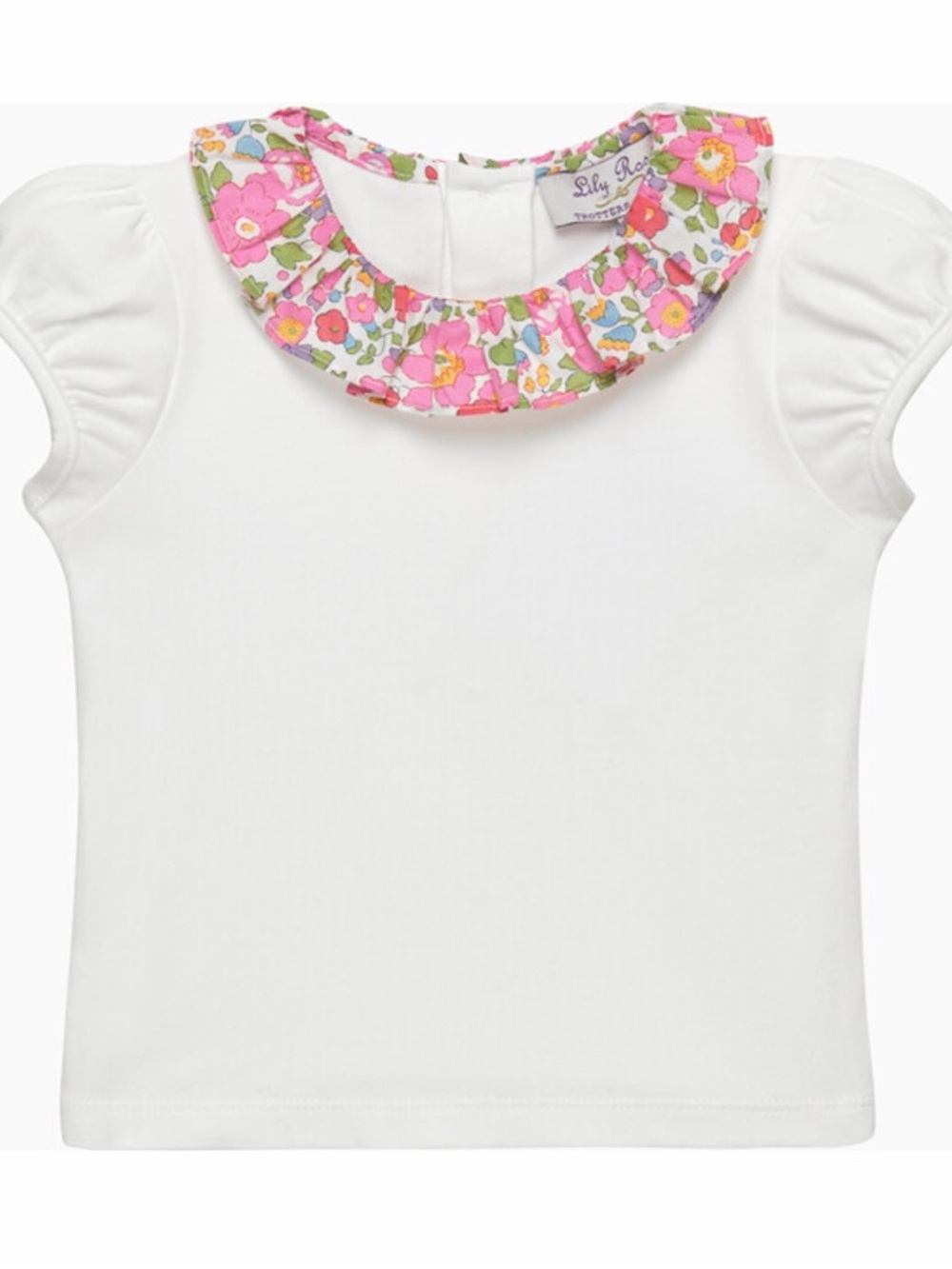 Trotters London Lily Rose White Tee with Pink Floral Ruffle Collar Sz 4/5y